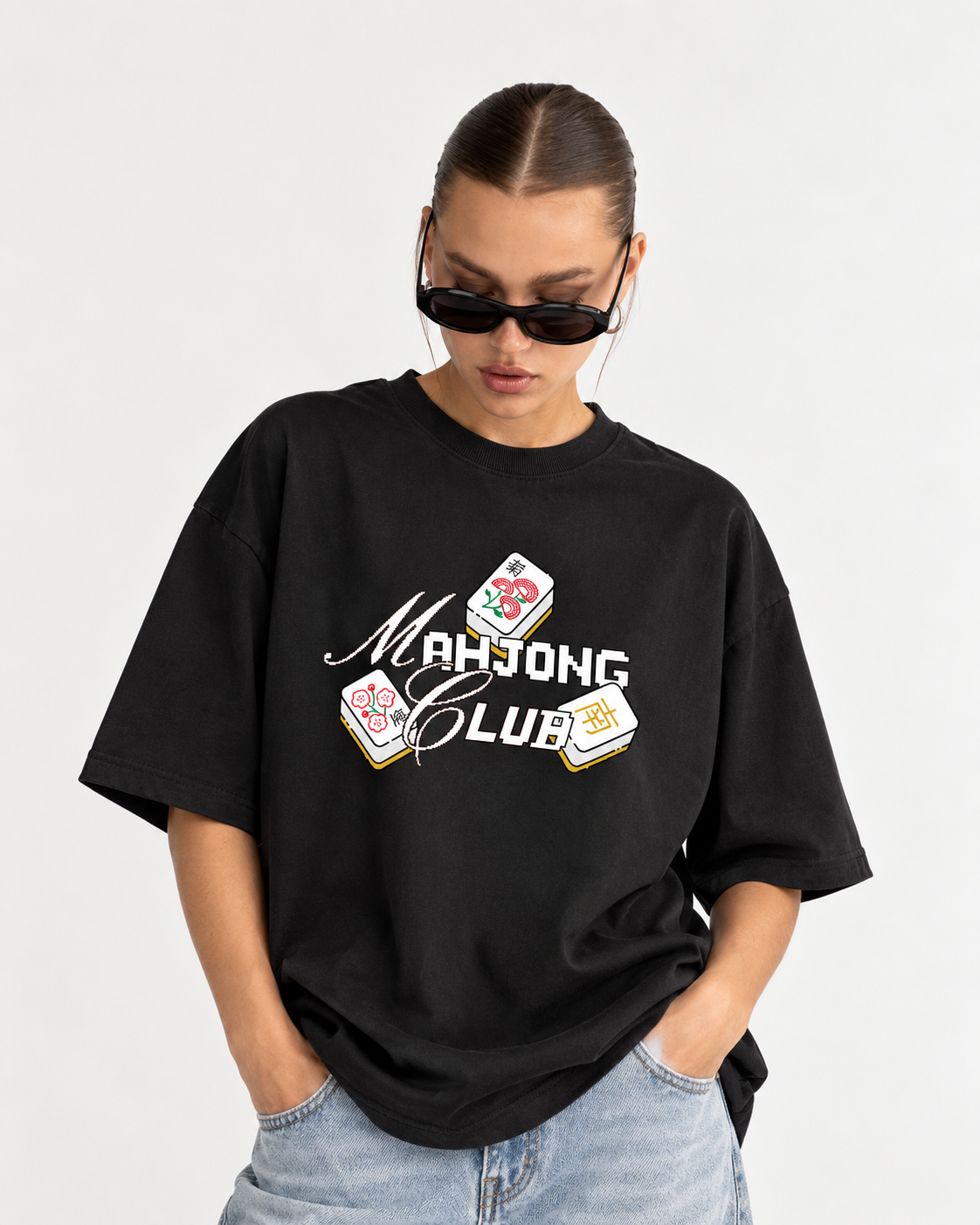 "Women's Mahjong Club Oversized T-Shirt - Black - 180 GSM Regular Fit "