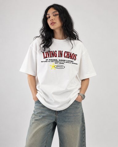 Women’s “Living in Chaos” Relaxed Fit White Oversized T-Shirt – 180 GSM