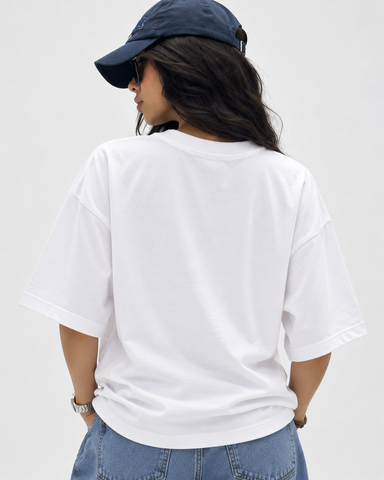 Women’s “Cyborg” FuturisticRelaxed Fit White Oversized T-Shirt – 180 GSM